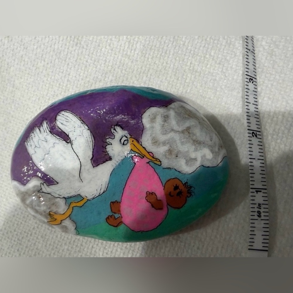 Hand-Painted Stork and Baby Themed Rock Art - Picture 4 of 5